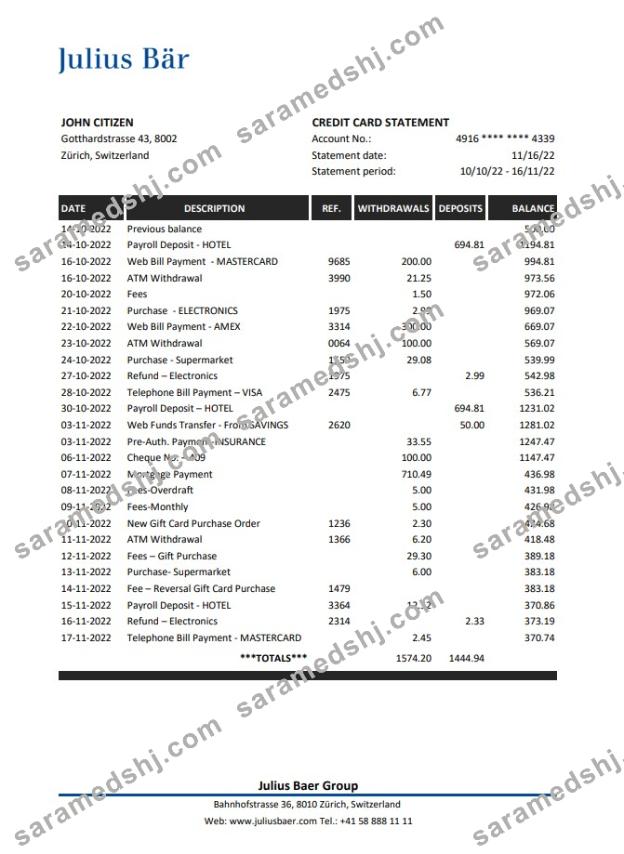 Switzerland Julius Bar bank statement xls